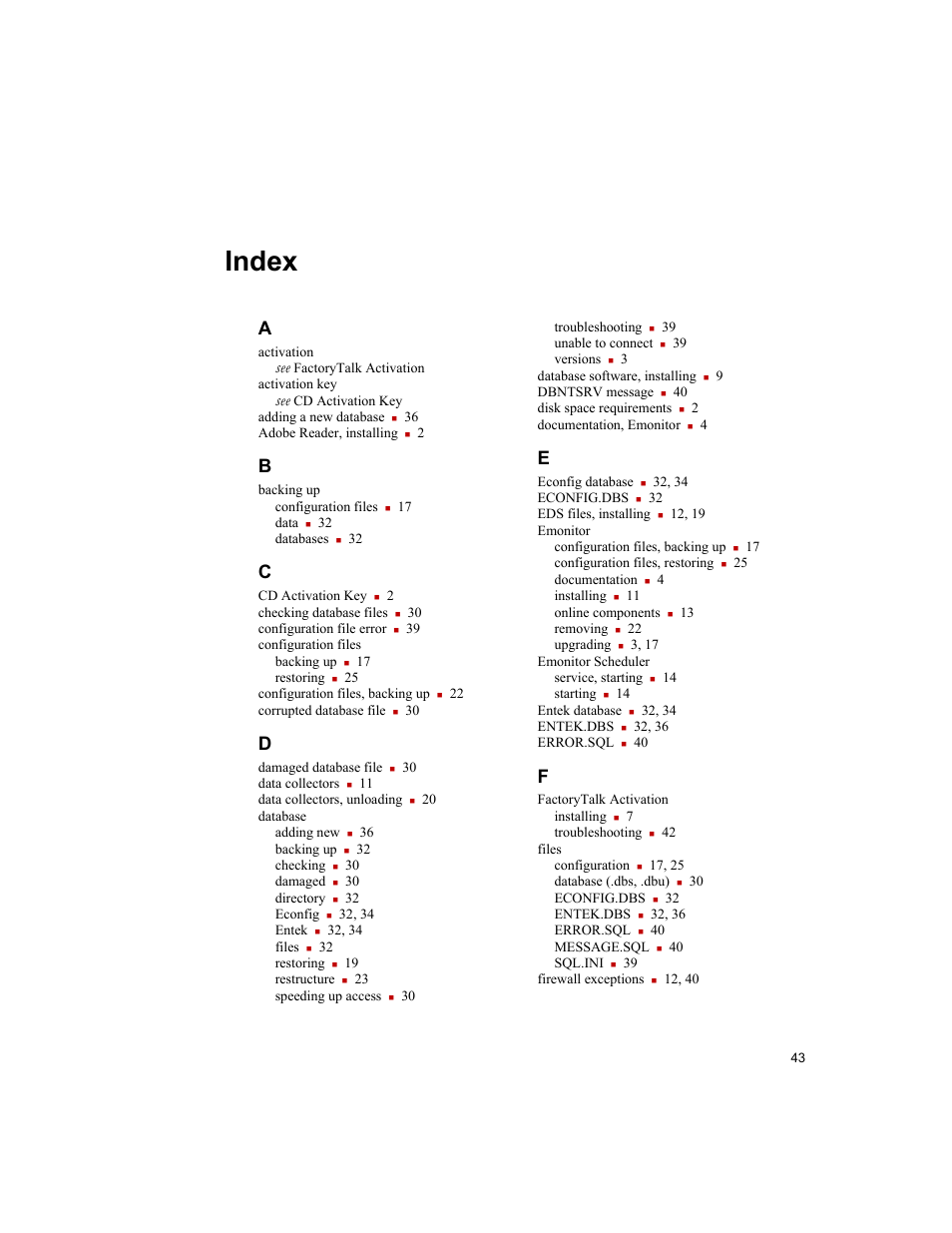 Index | Rockwell Automation Emonitor with a Gupta Single-User Database User Manual | Page 47 / 50
