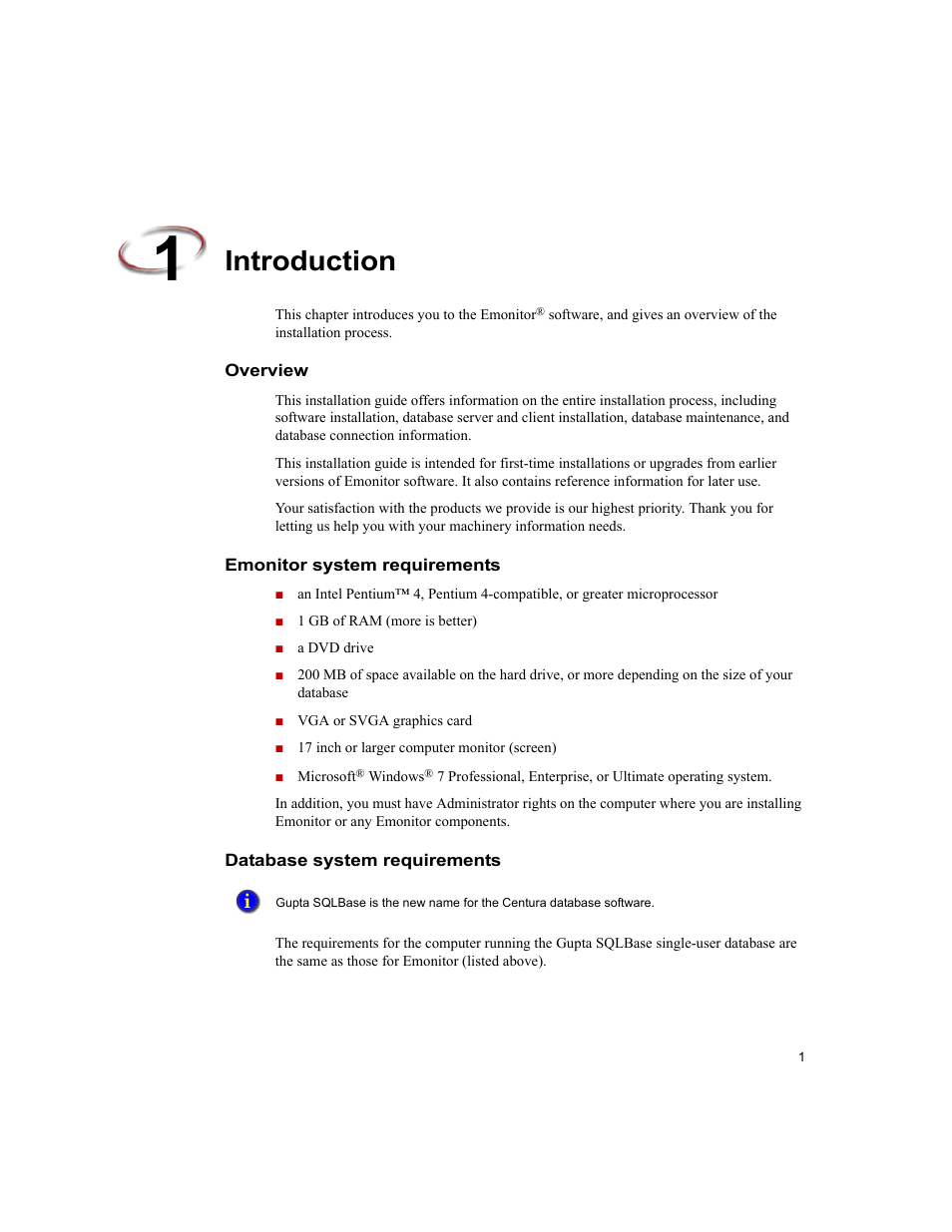 Introduction, Overview, Emonitor system requirements | Database system requirements | Rockwell Automation Emonitor with a Gupta Single-User Database User Manual | Page 5 / 50