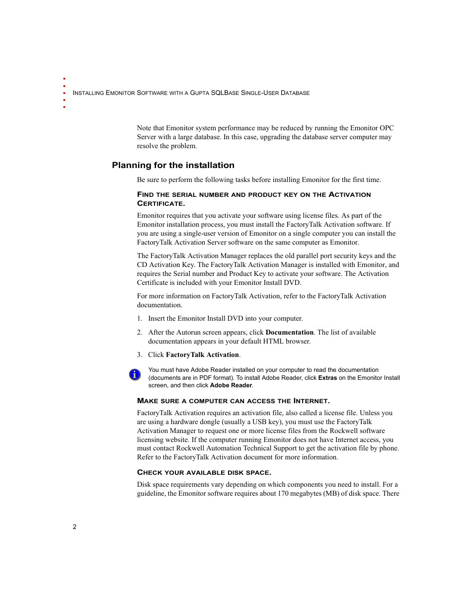 Planning for the installation | Rockwell Automation Emonitor with a Gupta Single-User Database User Manual | Page 6 / 50