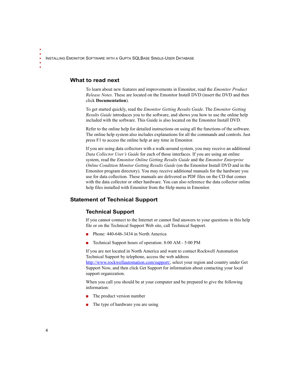 What to read next, Statement of technical support, Technical support | What to read next statement of technical support, Statement of technical support technical support | Rockwell Automation Emonitor with a Gupta Single-User Database User Manual | Page 8 / 50