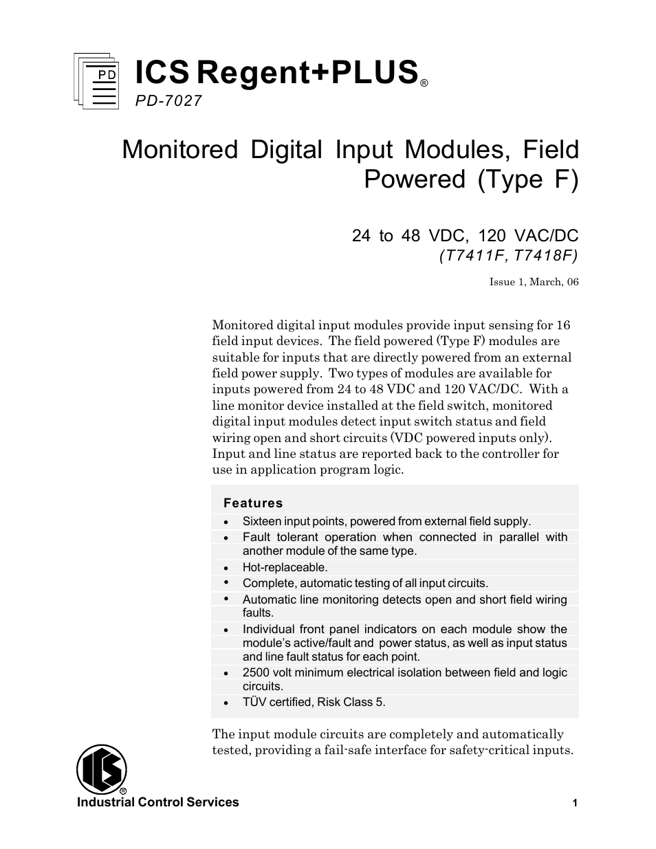 Rockwell Automation T7411F ICS Regent+Plus Monitored Digital input Modules, Field powered (Type F) User Manual | 24 pages