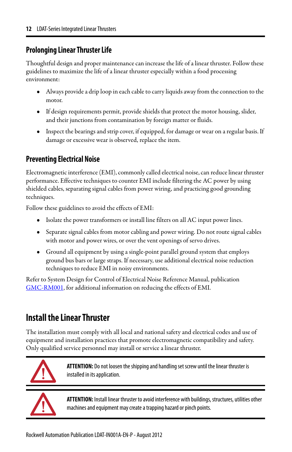 Prolonging linear thruster life, Preventing electrical noise, Install the linear thruster | Rockwell Automation LDAT Integrated Linear Thrusters User Manual | Page 12 / 80