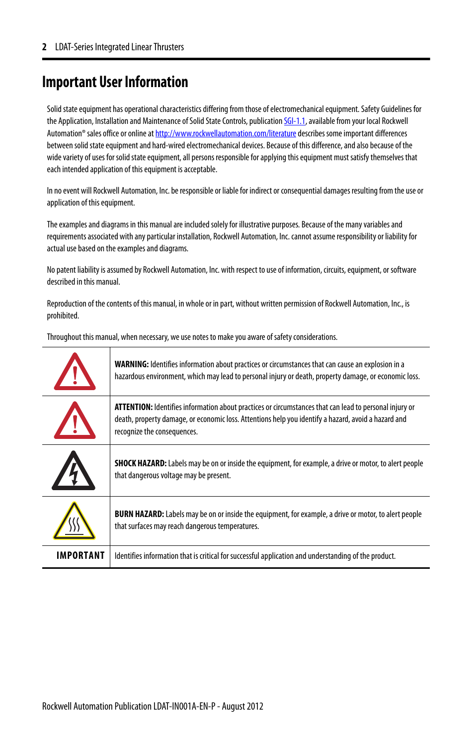 Important user information | Rockwell Automation LDAT Integrated Linear Thrusters User Manual | Page 2 / 80