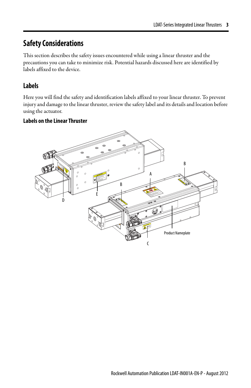 Safety considerations, Labels, Labels on the linear thruster | Product nameplate | Rockwell Automation LDAT Integrated Linear Thrusters User Manual | Page 3 / 80