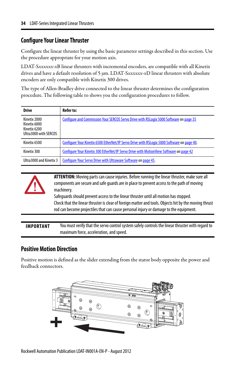 Configure your linear thruster, Positive motion direction | Rockwell Automation LDAT Integrated Linear Thrusters User Manual | Page 34 / 80