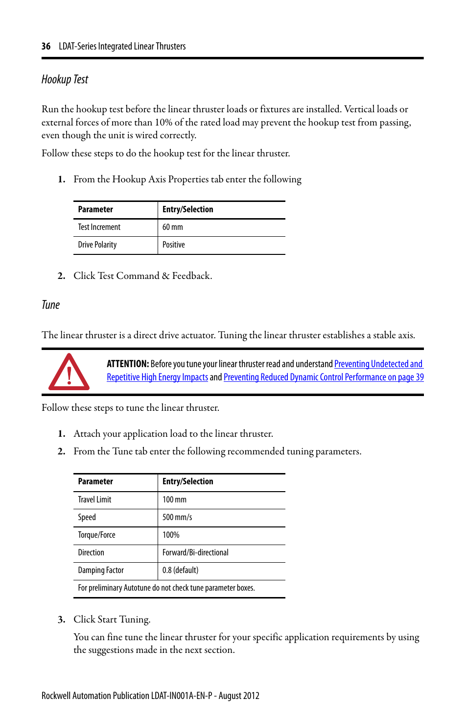 Hookup test, Tune | Rockwell Automation LDAT Integrated Linear Thrusters User Manual | Page 36 / 80