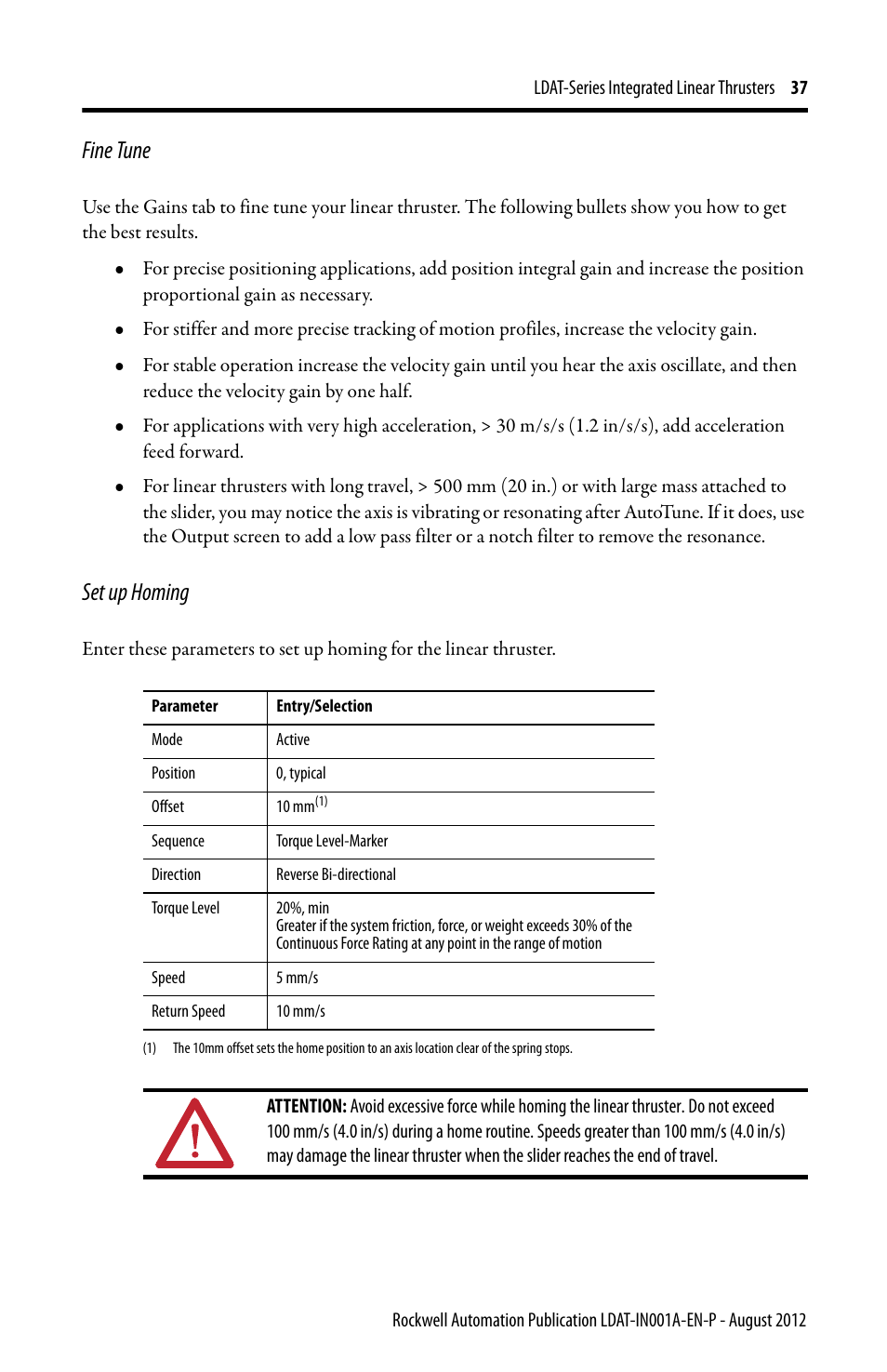 Fine tune, Set up homing | Rockwell Automation LDAT Integrated Linear Thrusters User Manual | Page 37 / 80