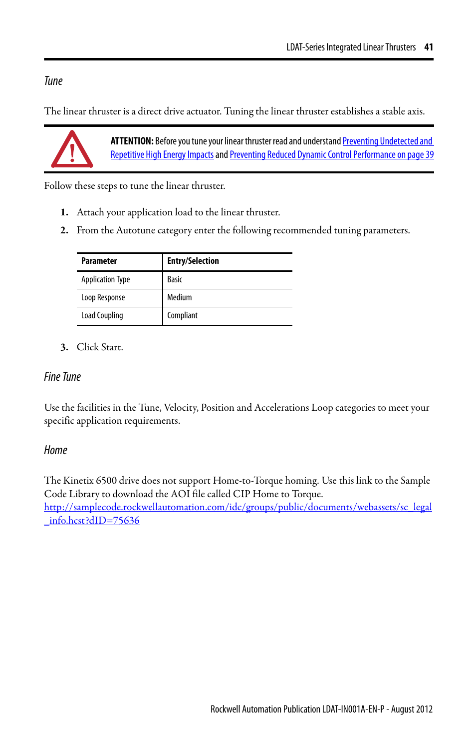 Tune, Fine tune, Home | Rockwell Automation LDAT Integrated Linear Thrusters User Manual | Page 41 / 80
