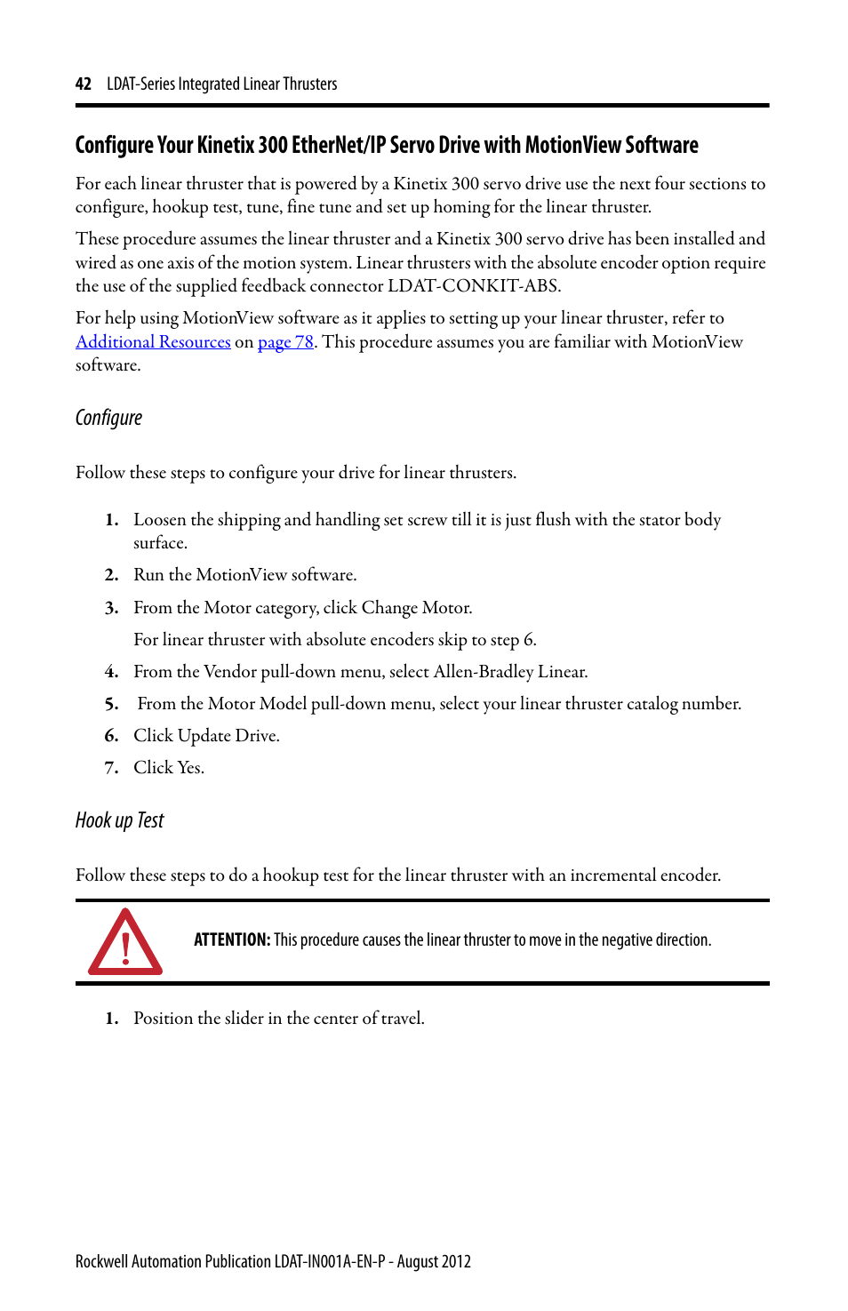Configure, Hook up test | Rockwell Automation LDAT Integrated Linear Thrusters User Manual | Page 42 / 80