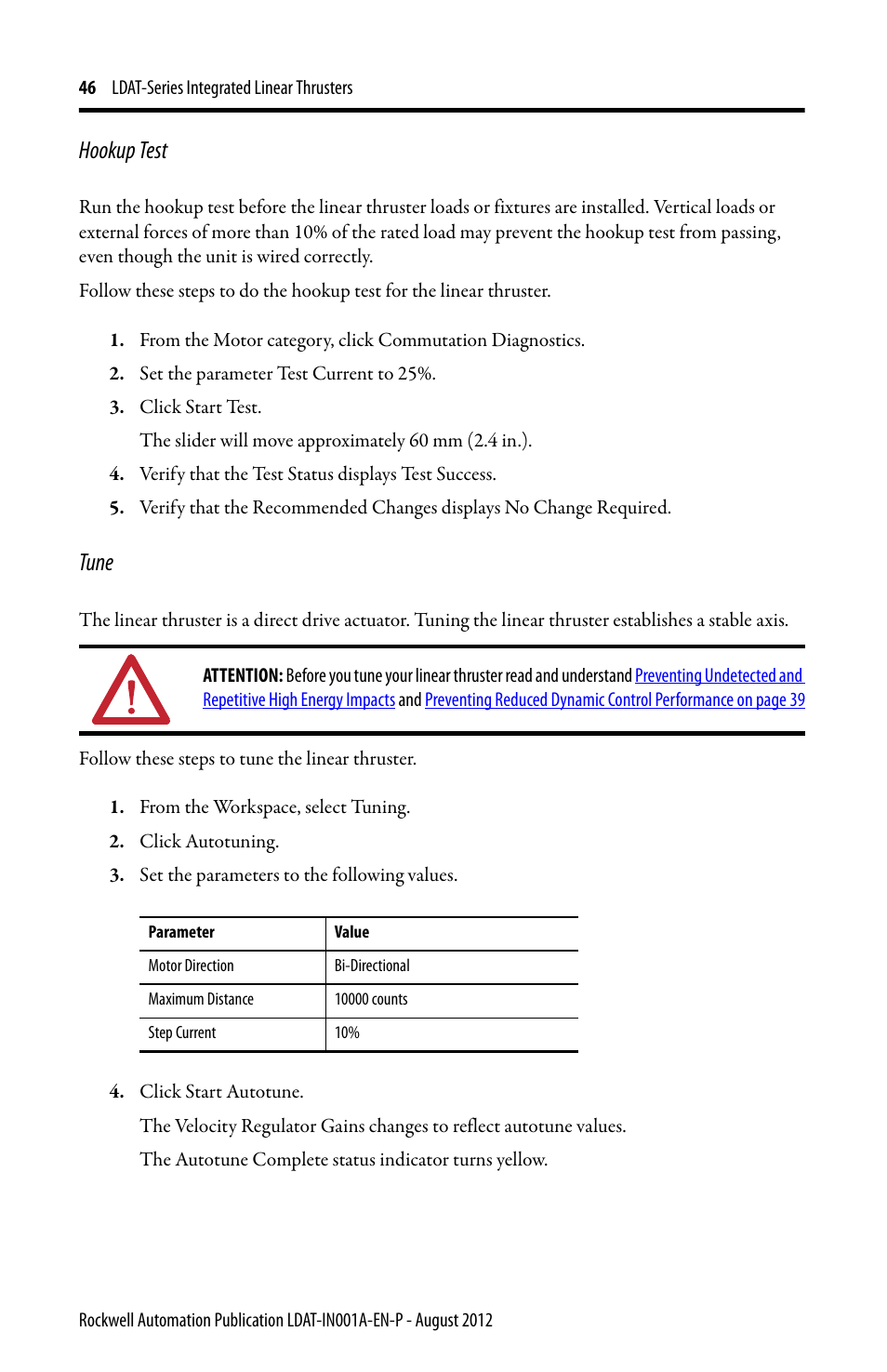 Hookup test, Tune | Rockwell Automation LDAT Integrated Linear Thrusters User Manual | Page 46 / 80