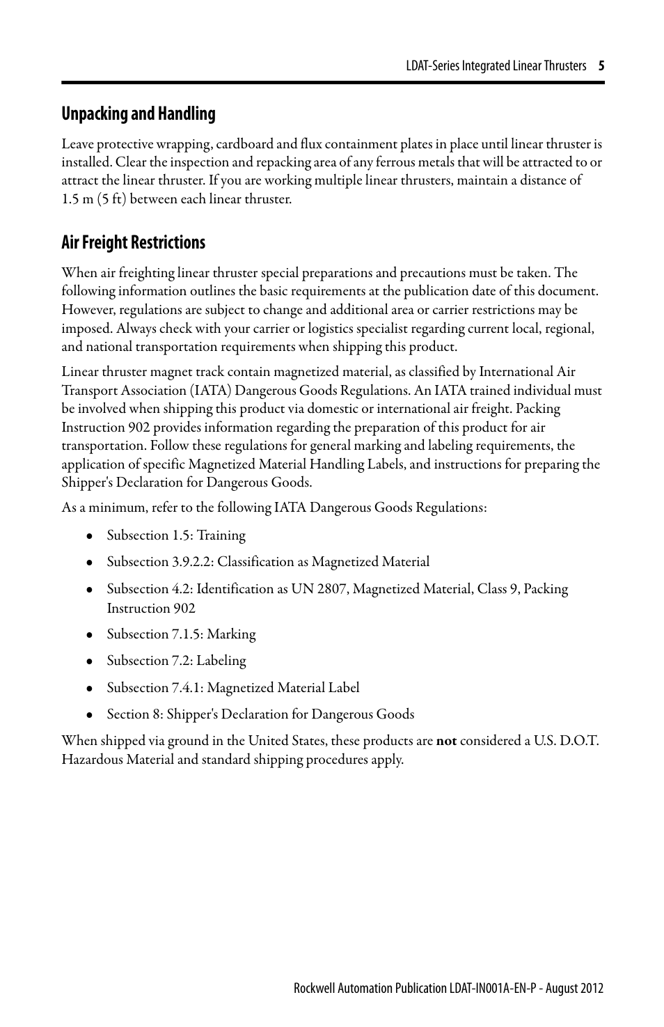 Unpacking and handling, Air freight restrictions | Rockwell Automation LDAT Integrated Linear Thrusters User Manual | Page 5 / 80