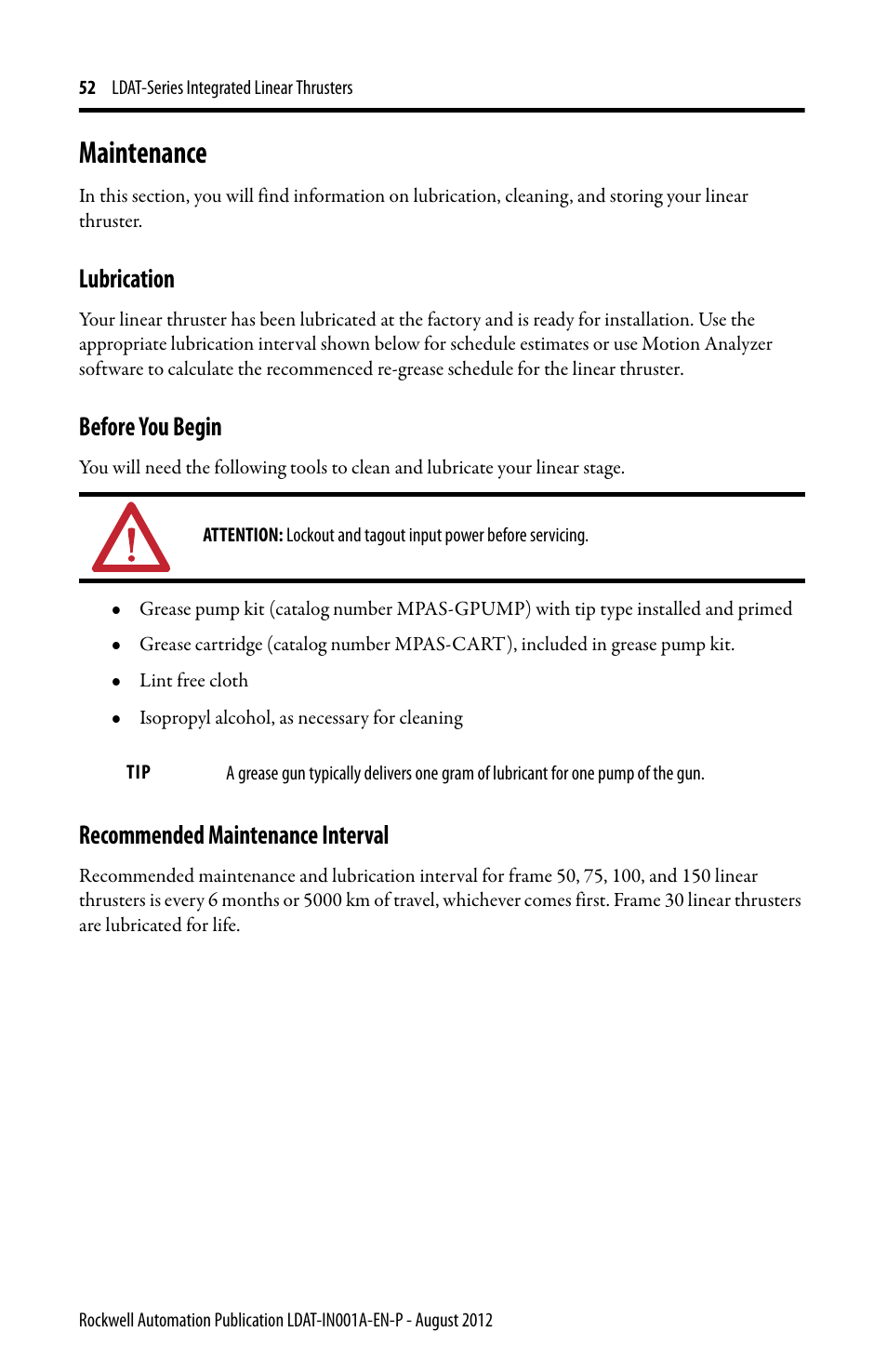 Maintenance, Lubrication, Before you begin | Recommended maintenance interval | Rockwell Automation LDAT Integrated Linear Thrusters User Manual | Page 52 / 80
