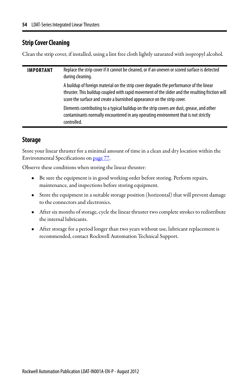 Strip cover cleaning, Storage | Rockwell Automation LDAT Integrated Linear Thrusters User Manual | Page 54 / 80