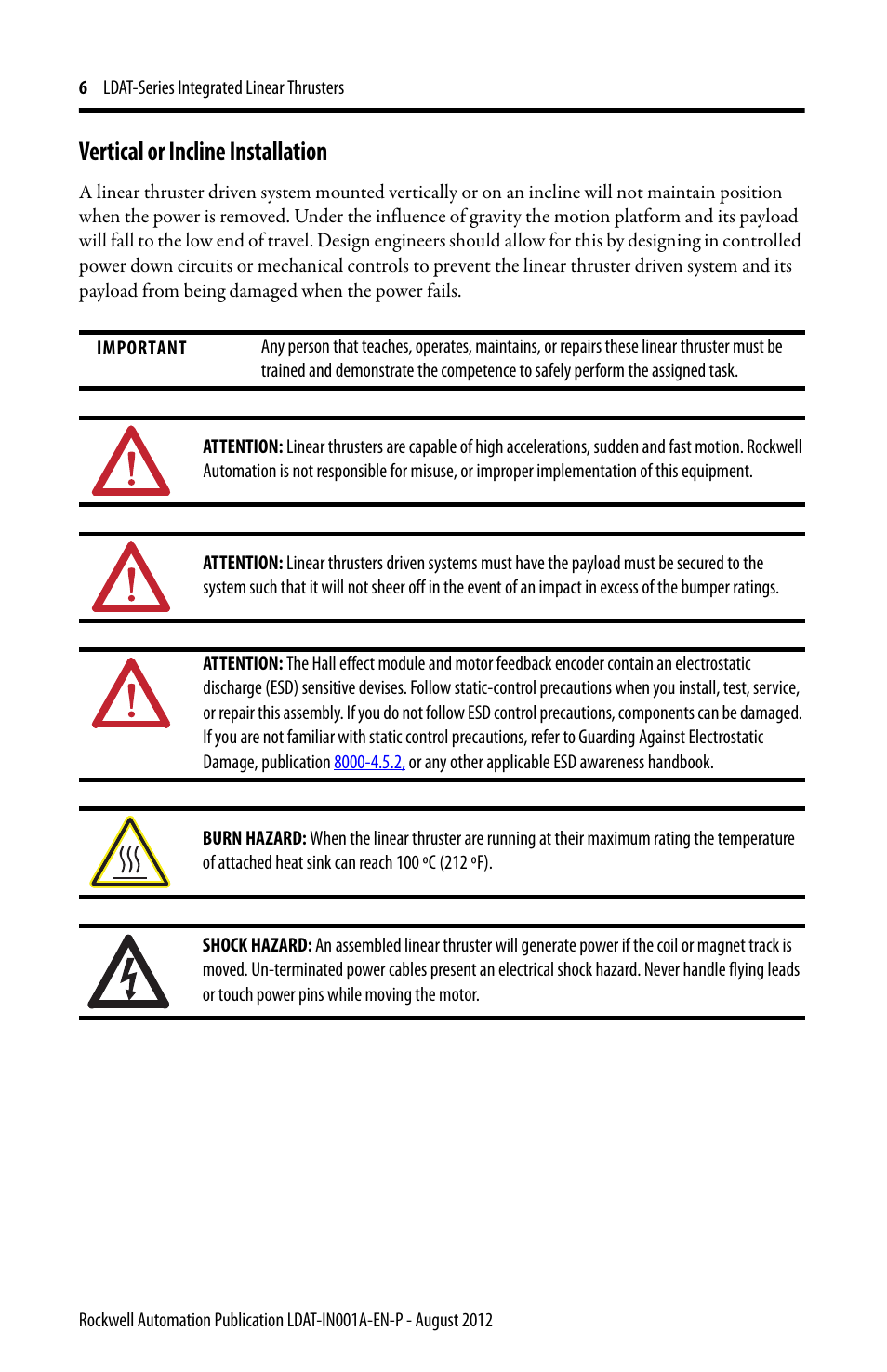 Vertical or incline installation | Rockwell Automation LDAT Integrated Linear Thrusters User Manual | Page 6 / 80