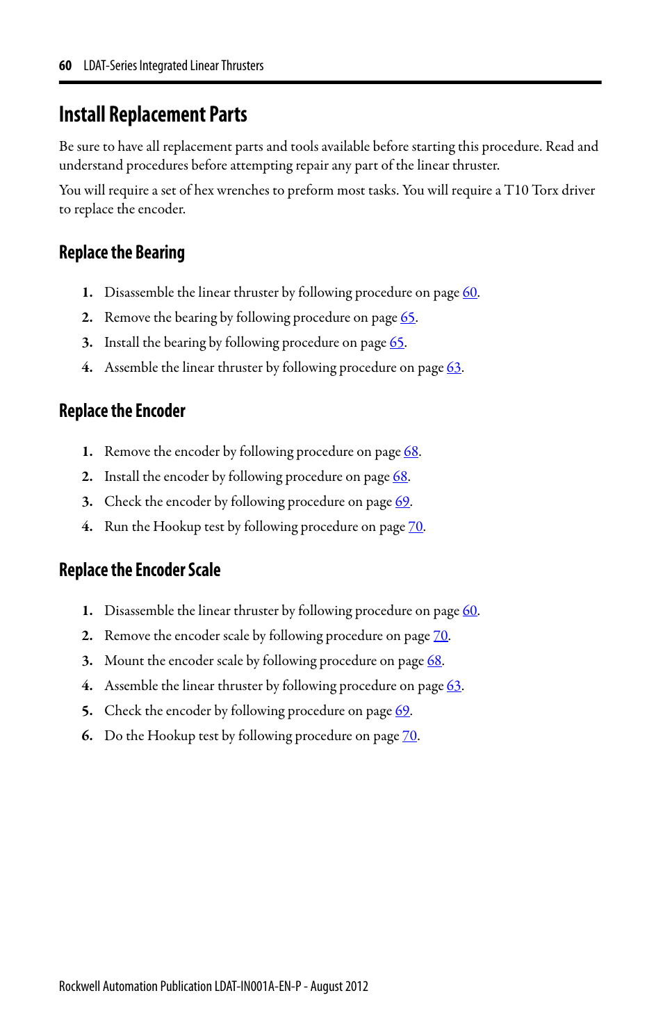 Install replacement parts, Replace the bearing, Replace the encoder | Replace the encoder scale | Rockwell Automation LDAT Integrated Linear Thrusters User Manual | Page 60 / 80