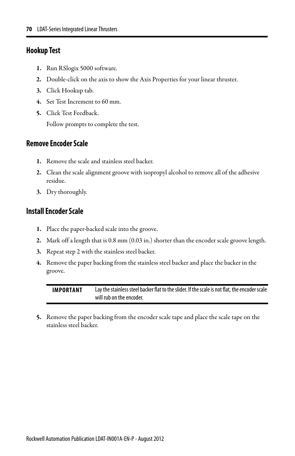 Hookup test, Remove encoder scale, Install encoder scale | Rockwell Automation LDAT Integrated Linear Thrusters User Manual | Page 70 / 80
