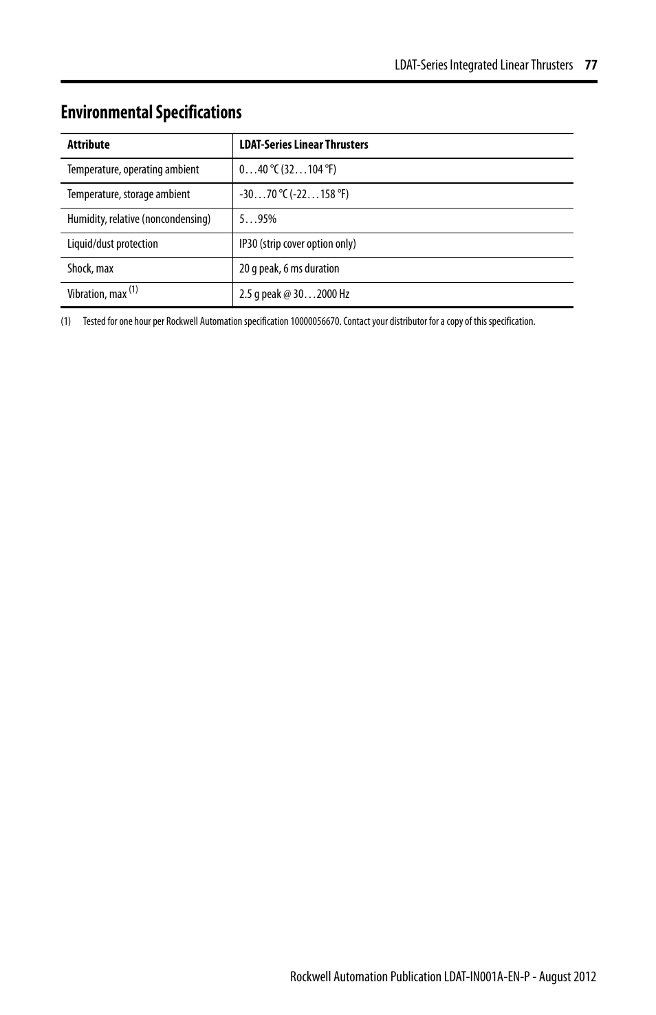 Environmental specifications | Rockwell Automation LDAT Integrated Linear Thrusters User Manual | Page 77 / 80