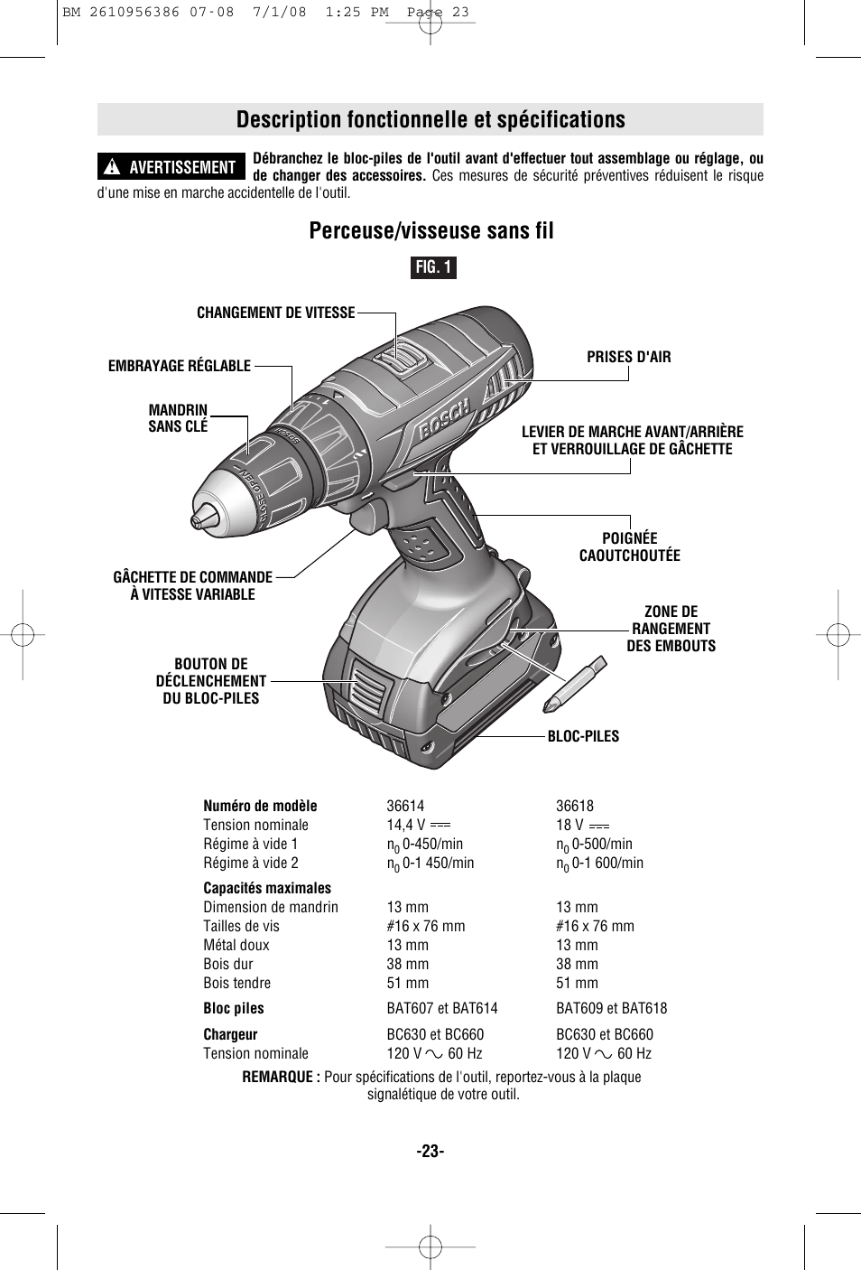 Description fonctionnelle et spécifications, Perceuse/visseuse sans fil | Bosch 36614 User Manual | Page 23 / 48