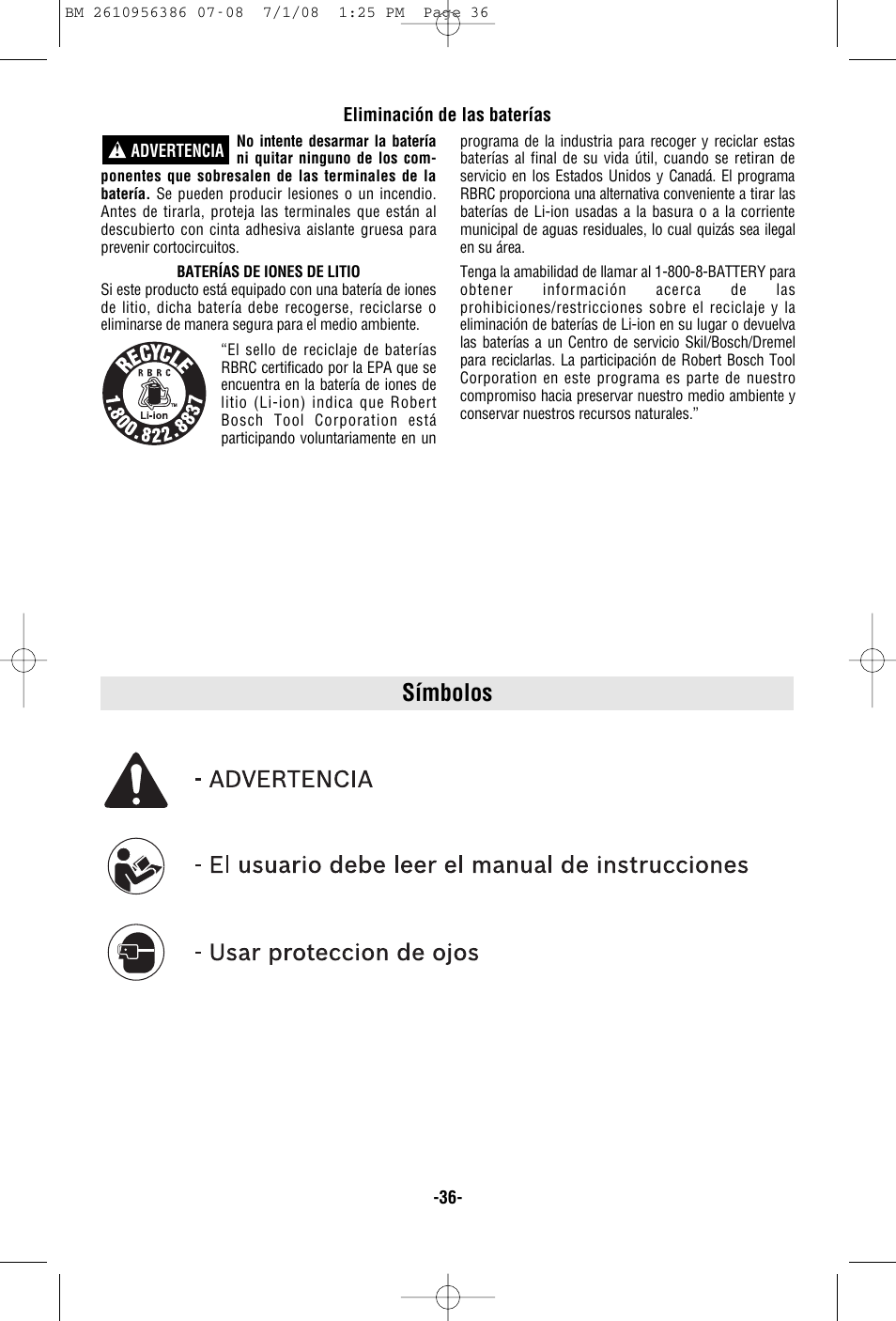 Símbolos | Bosch 36614 User Manual | Page 36 / 48