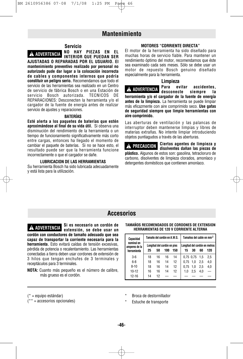 Mantenimiento, Accesorios, Servicio | Limpieza | Bosch 36614 User Manual | Page 46 / 48