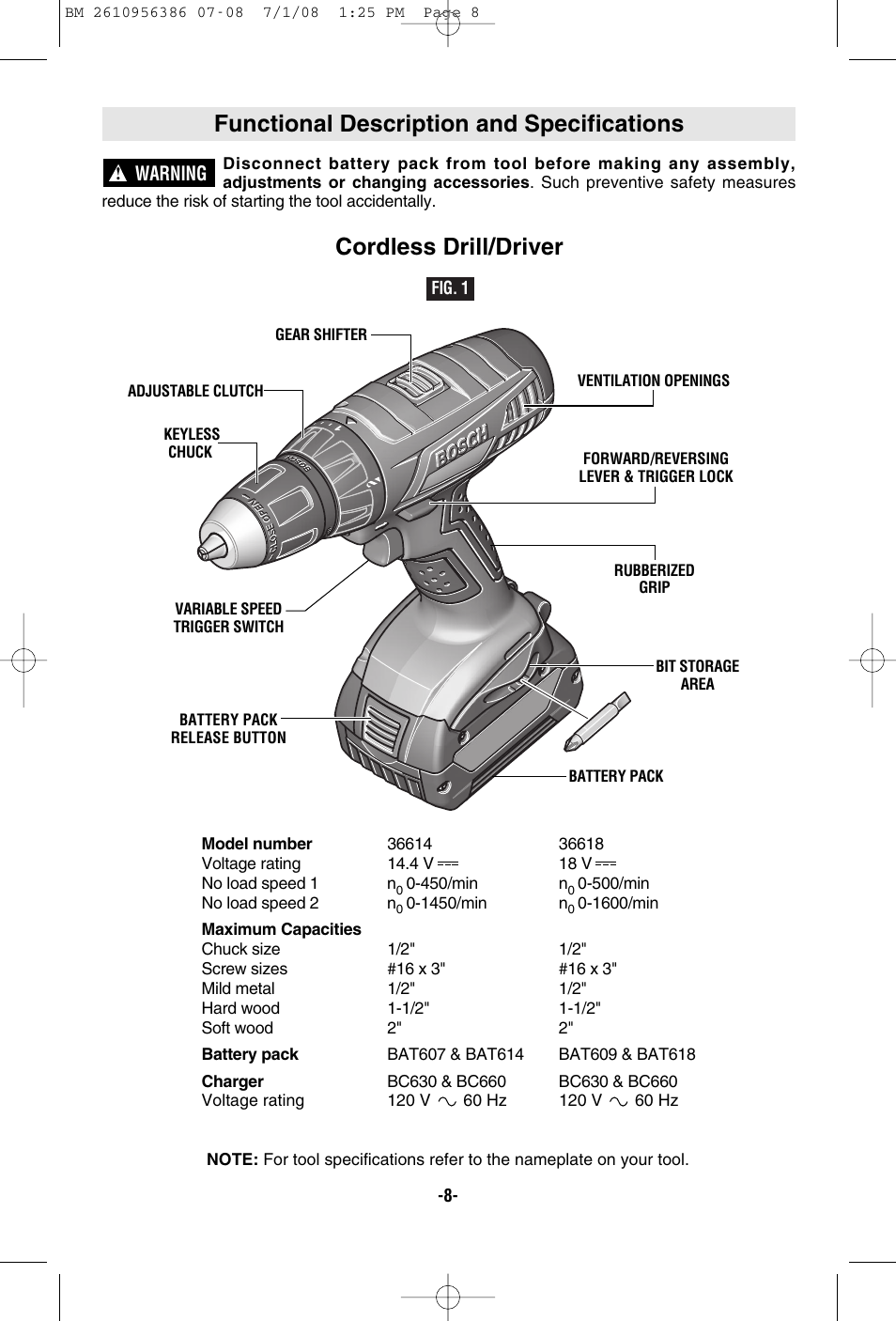 Functional description and specifications, Cordless drill/driver | Bosch 36614 User Manual | Page 8 / 48