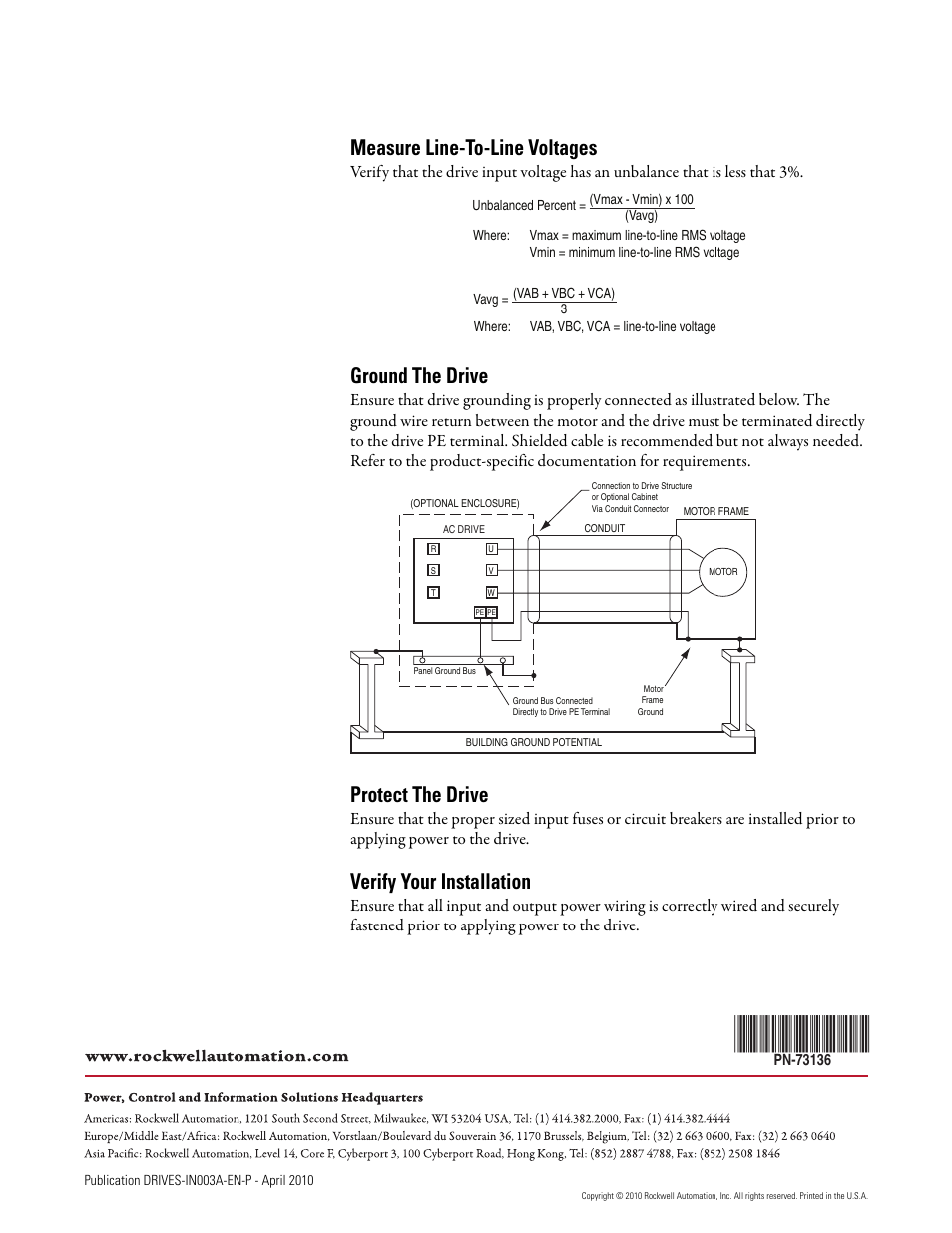 Measure line-to-line voltages, Ground the drive, Protect the drive | Verify your installation | Rockwell Automation 22D AC Drive Installation Considerations User Manual | Page 2 / 2