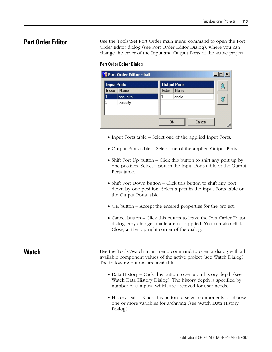 Port order editor, Watch, Port order editor watch | On watch | Rockwell Automation RSLogix 5000 Fuzzy Designer User Manual | Page 113 / 156