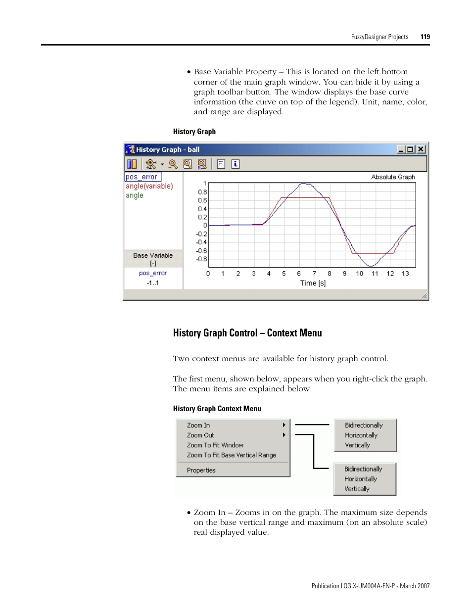 History graph control - context menu, History graph control – context menu | Rockwell Automation RSLogix 5000 Fuzzy Designer User Manual | Page 119 / 156