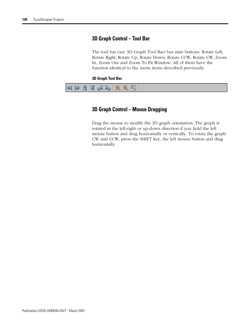 3d graph control - tool bar, 3d graph control - mouse dragging, 3d graph control – tool bar | 3d graph control – mouse dragging | Rockwell Automation RSLogix 5000 Fuzzy Designer User Manual | Page 130 / 156