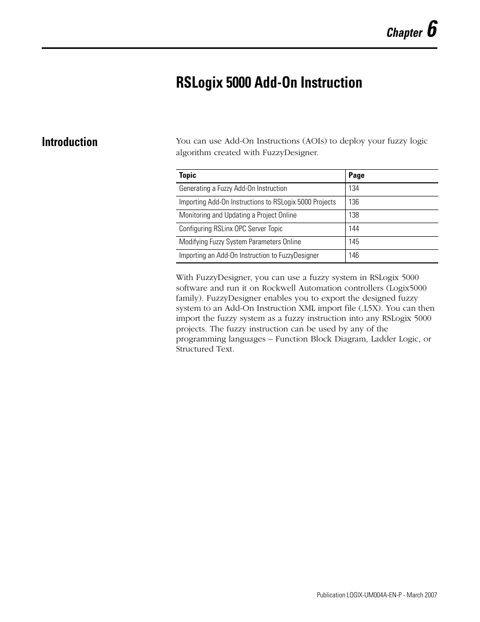 6 - rslogix 5000 add-on instruction, Introduction, Chapter 6 | Rslogix 5000 add-on instruction, Chapter | Rockwell Automation RSLogix 5000 Fuzzy Designer User Manual | Page 133 / 156