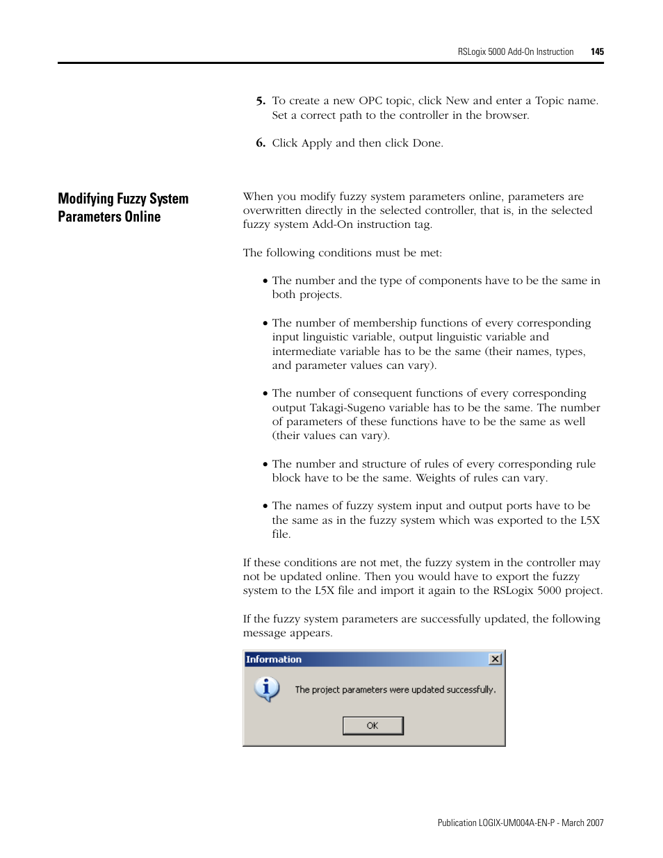 Modifying fuzzy system parameters online | Rockwell Automation RSLogix 5000 Fuzzy Designer User Manual | Page 145 / 156