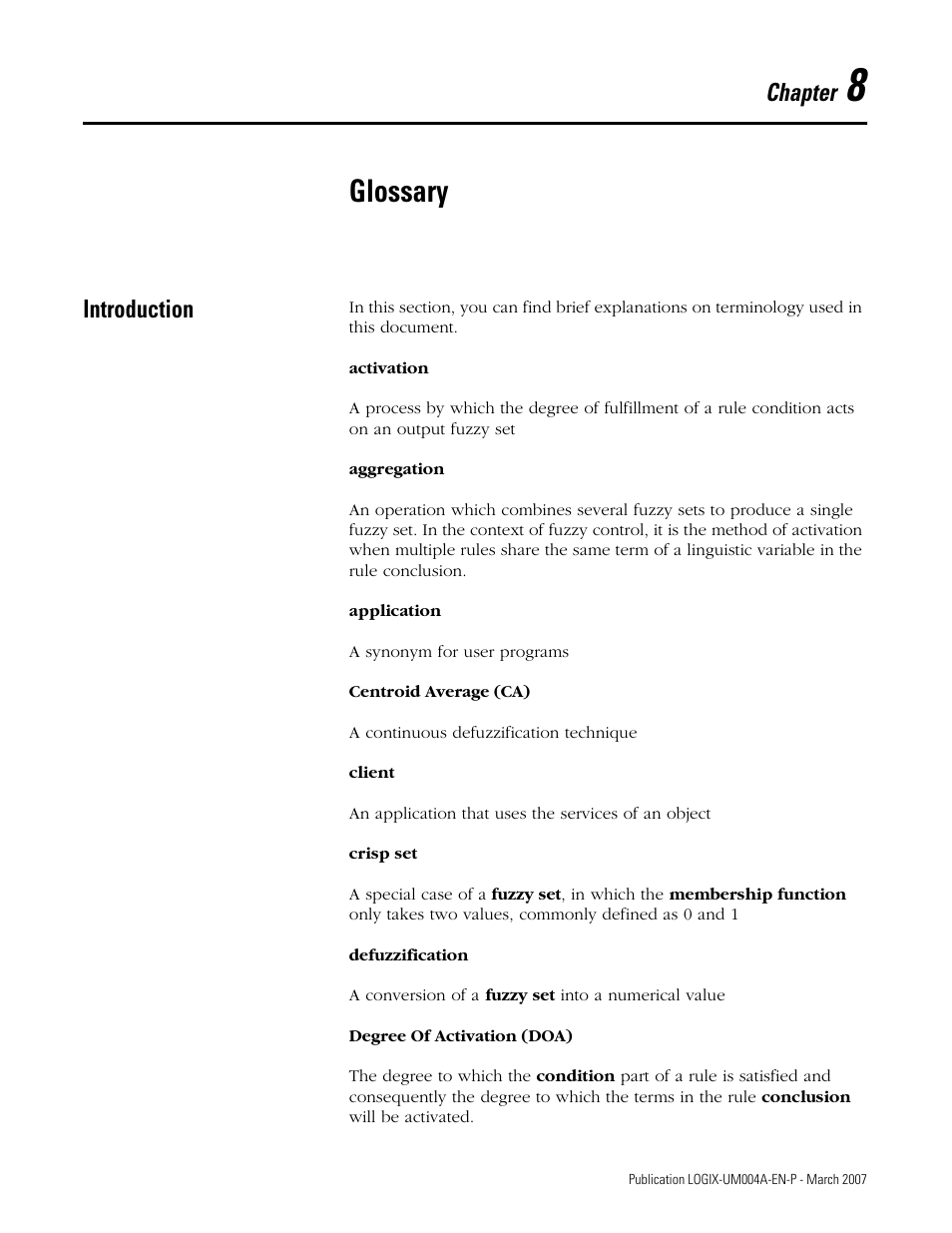 8 - glossary, Introduction, Chapter 8 | Glossary, Chapter | Rockwell Automation RSLogix 5000 Fuzzy Designer User Manual | Page 149 / 156