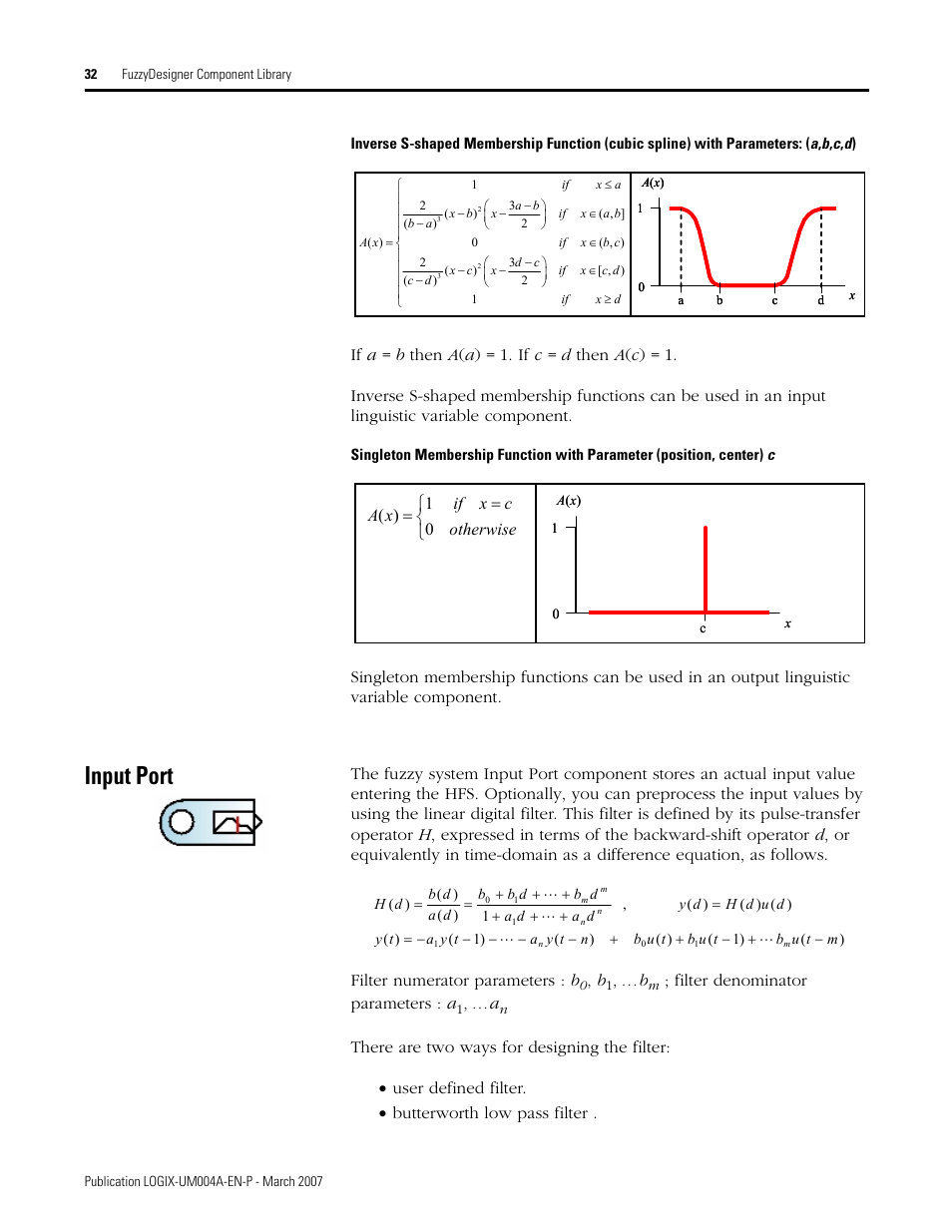 Input port, Filter denominator parameters : a | Rockwell Automation RSLogix 5000 Fuzzy Designer User Manual | Page 32 / 156