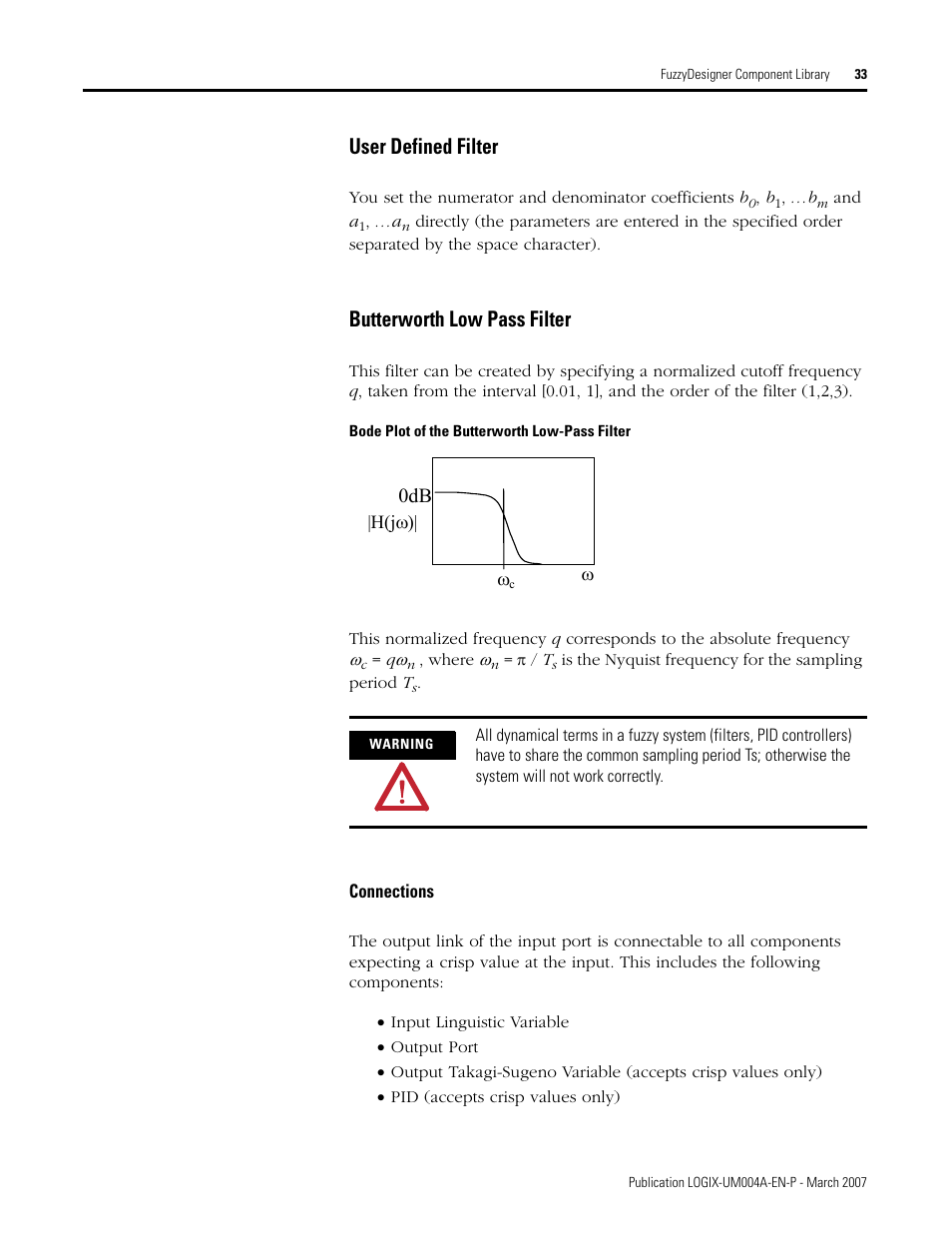 User defined filter, Butterworth low pass filter, Connections | Rockwell Automation RSLogix 5000 Fuzzy Designer User Manual | Page 33 / 156