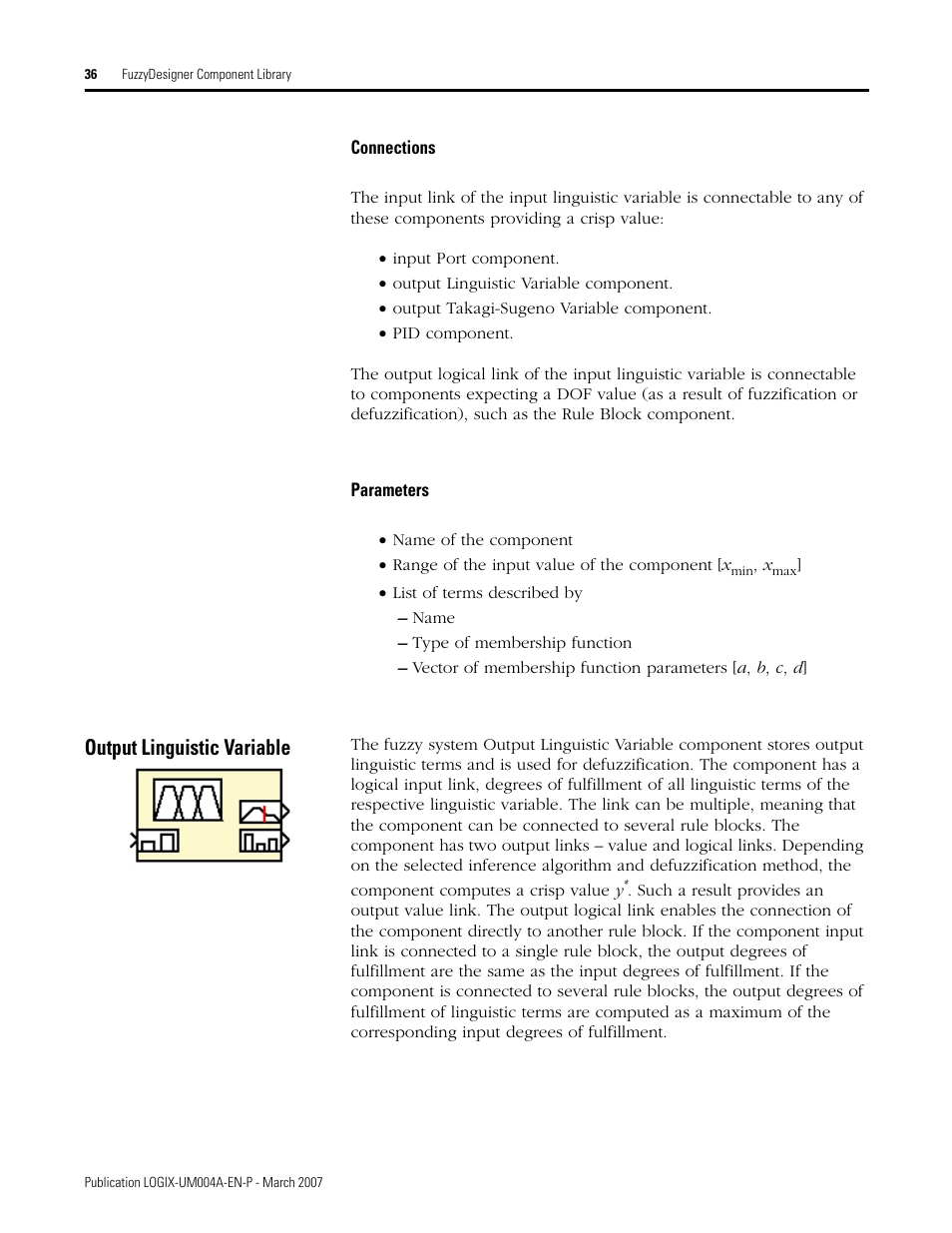 Connections, Parameters, Output linguistic variable | Connections parameters | Rockwell Automation RSLogix 5000 Fuzzy Designer User Manual | Page 36 / 156