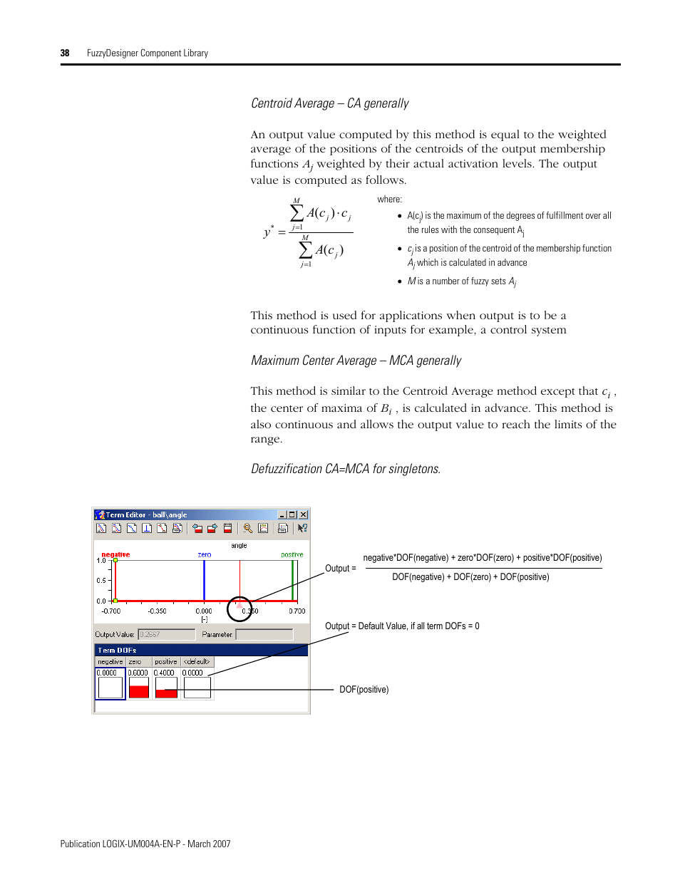 Centroid average – ca generally, Maximum center average – mca generally, Defuzzification ca=mca for singletons | Rockwell Automation RSLogix 5000 Fuzzy Designer User Manual | Page 38 / 156