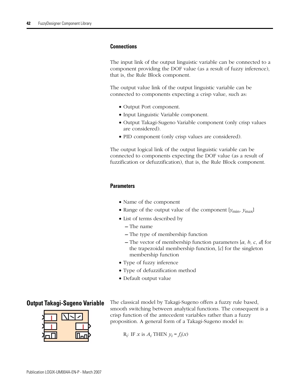 Connections, Parameters, Output takagi-sugeno variable | Connections parameters | Rockwell Automation RSLogix 5000 Fuzzy Designer User Manual | Page 42 / 156