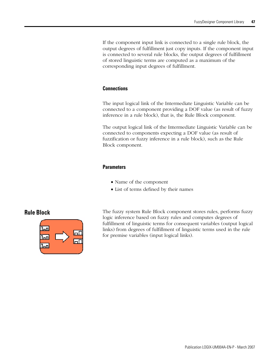 Connections, Parameters, Rule block | Connections parameters | Rockwell Automation RSLogix 5000 Fuzzy Designer User Manual | Page 47 / 156