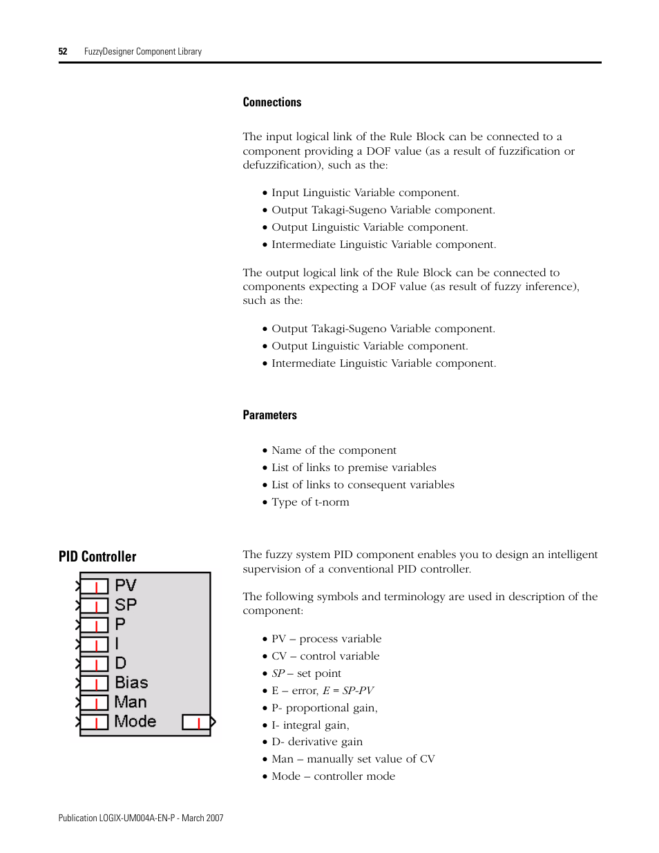 Connections, Parameters, Pid controller | Connections parameters | Rockwell Automation RSLogix 5000 Fuzzy Designer User Manual | Page 52 / 156