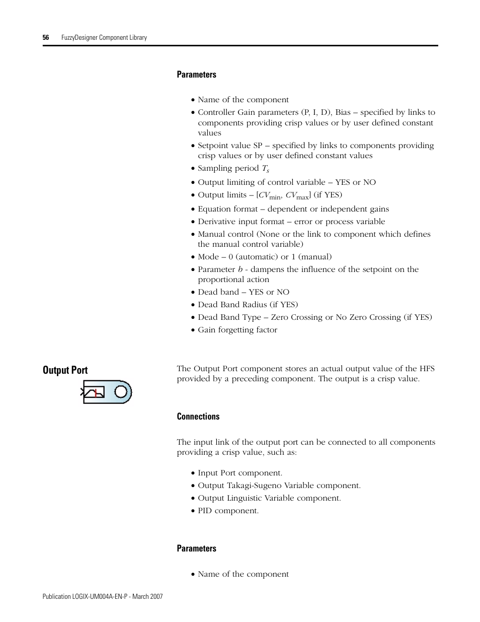 Parameters, Output port, Connections | Connections parameters | Rockwell Automation RSLogix 5000 Fuzzy Designer User Manual | Page 56 / 156