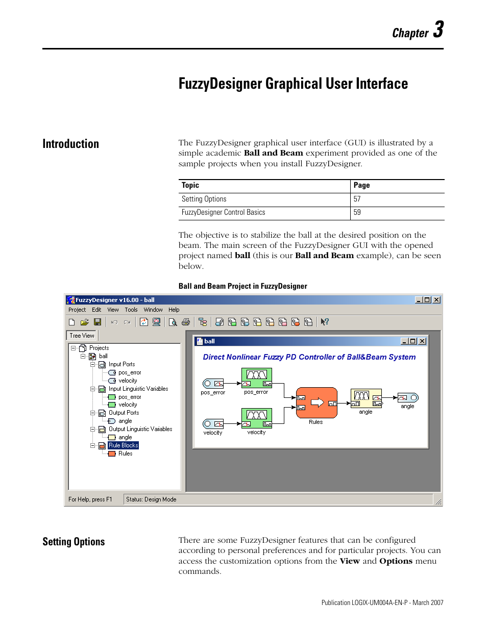 3 - fuzzydesigner graphical user interface, Introduction, Setting options | Chapter 3, Fuzzydesigner graphical user interface, Introduction setting options, Chapter | Rockwell Automation RSLogix 5000 Fuzzy Designer User Manual | Page 57 / 156