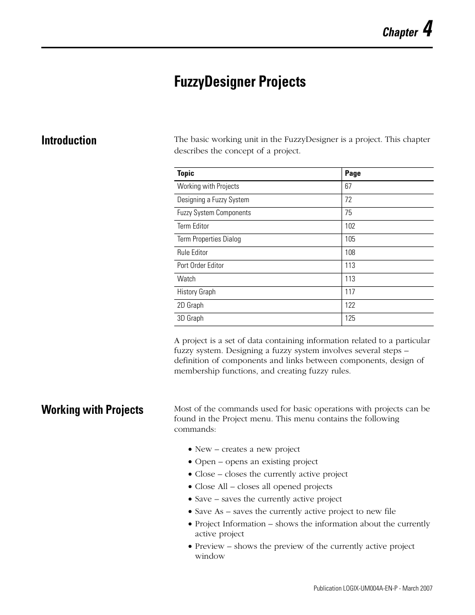 4 - fuzzydesigner projects, Introduction, Working with projects | Chapter 4, Fuzzydesigner projects, Introduction working with projects, Working with projects), Chapter | Rockwell Automation RSLogix 5000 Fuzzy Designer User Manual | Page 67 / 156