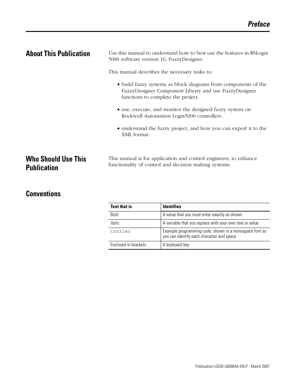 Preface, About this publication, Who should use this publication | Conventions, Preface about this publication | Rockwell Automation RSLogix 5000 Fuzzy Designer User Manual | Page 7 / 156