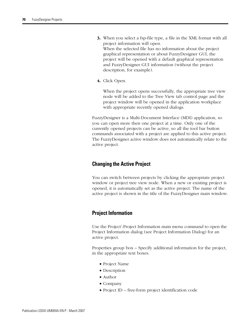 Changing the active project, Project information, Changing the active project project information | Rockwell Automation RSLogix 5000 Fuzzy Designer User Manual | Page 70 / 156