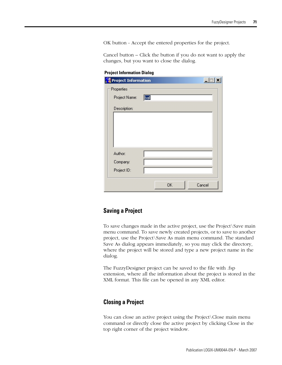 Saving a project, Closing a project, Saving a project closing a project | N closing a, Project), Closing a project), Saving a project), Section saving a project) | Rockwell Automation RSLogix 5000 Fuzzy Designer User Manual | Page 71 / 156