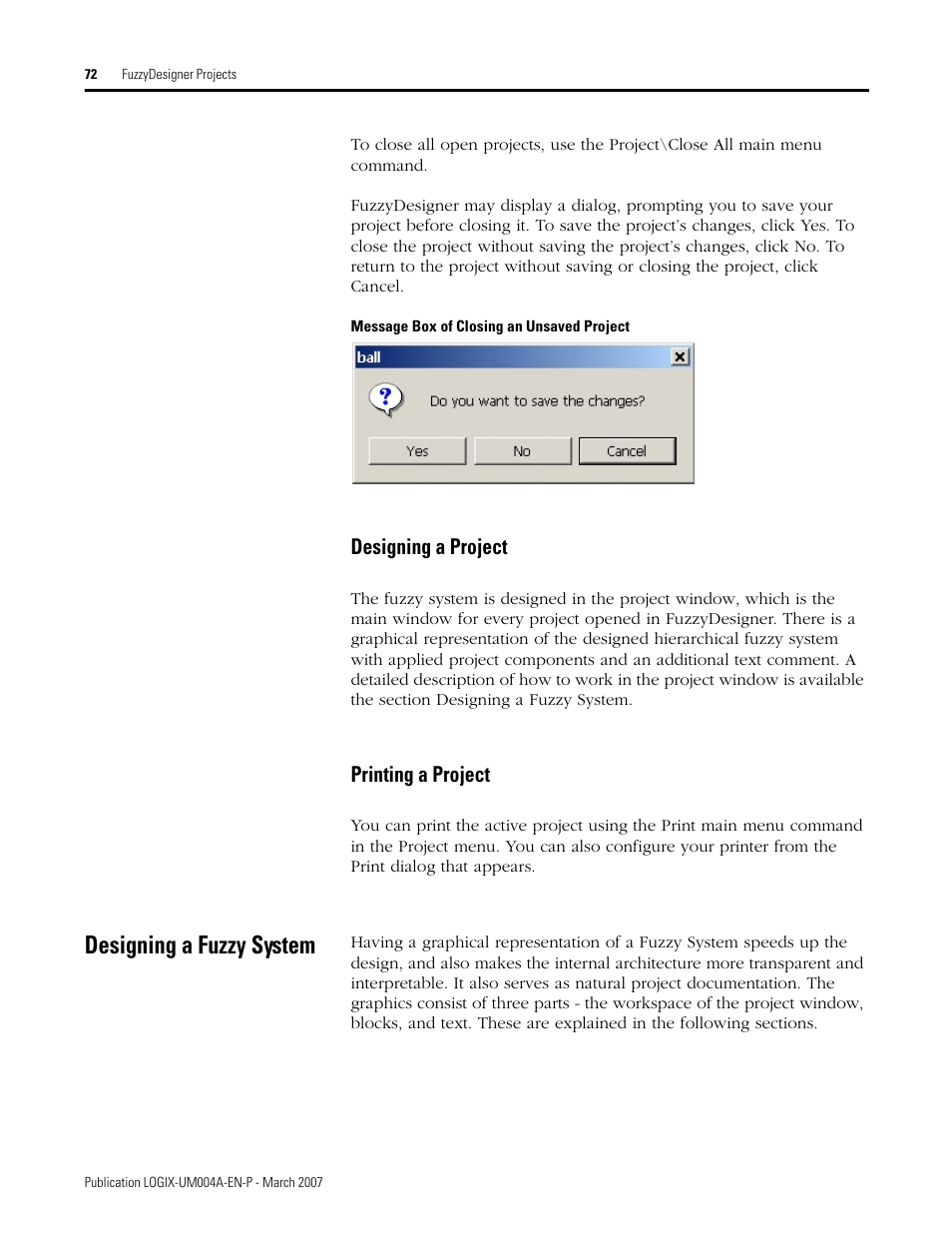 Designing a project, Printing a project, Designing a fuzzy system | Designing a project printing a project, N printing a project) | Rockwell Automation RSLogix 5000 Fuzzy Designer User Manual | Page 72 / 156