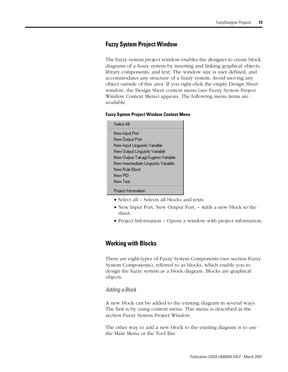 Fuzzy system project window, Working with blocks, Fuzzy system project window working with blocks | Rockwell Automation RSLogix 5000 Fuzzy Designer User Manual | Page 73 / 156