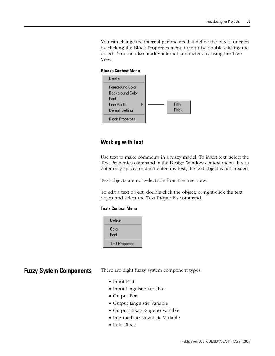 Working with text, Fuzzy system components | Rockwell Automation RSLogix 5000 Fuzzy Designer User Manual | Page 75 / 156