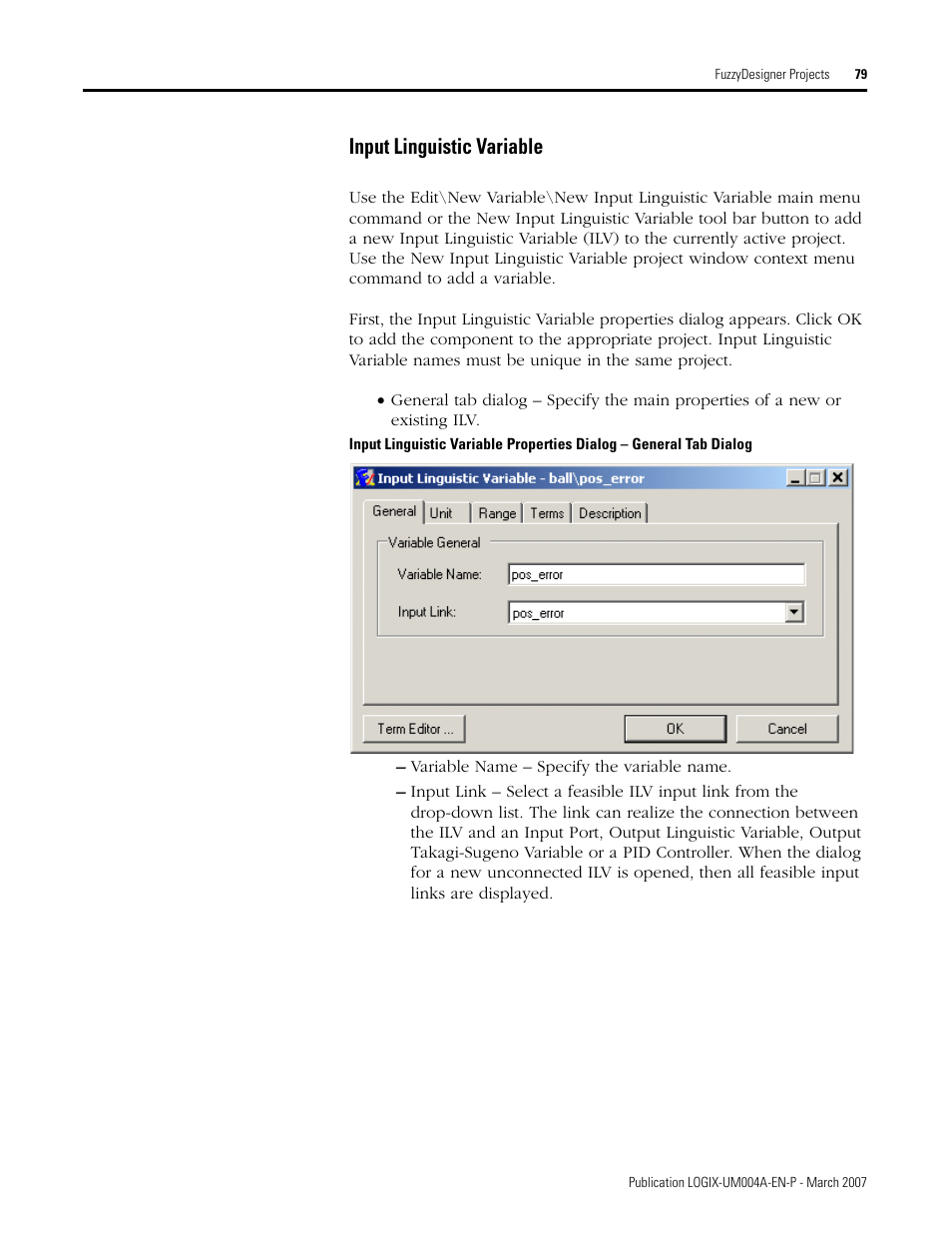 Input linguistic variable, Input, Linguistic variable | Rockwell Automation RSLogix 5000 Fuzzy Designer User Manual | Page 79 / 156