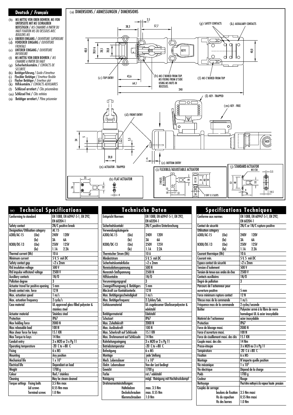 Technical specifications, Technische daten, Specifications techniques | Français | Rockwell Automation 440T Prosafe--Dual Key Slamlock with Electrical Isolation User Manual | Page 3 / 4